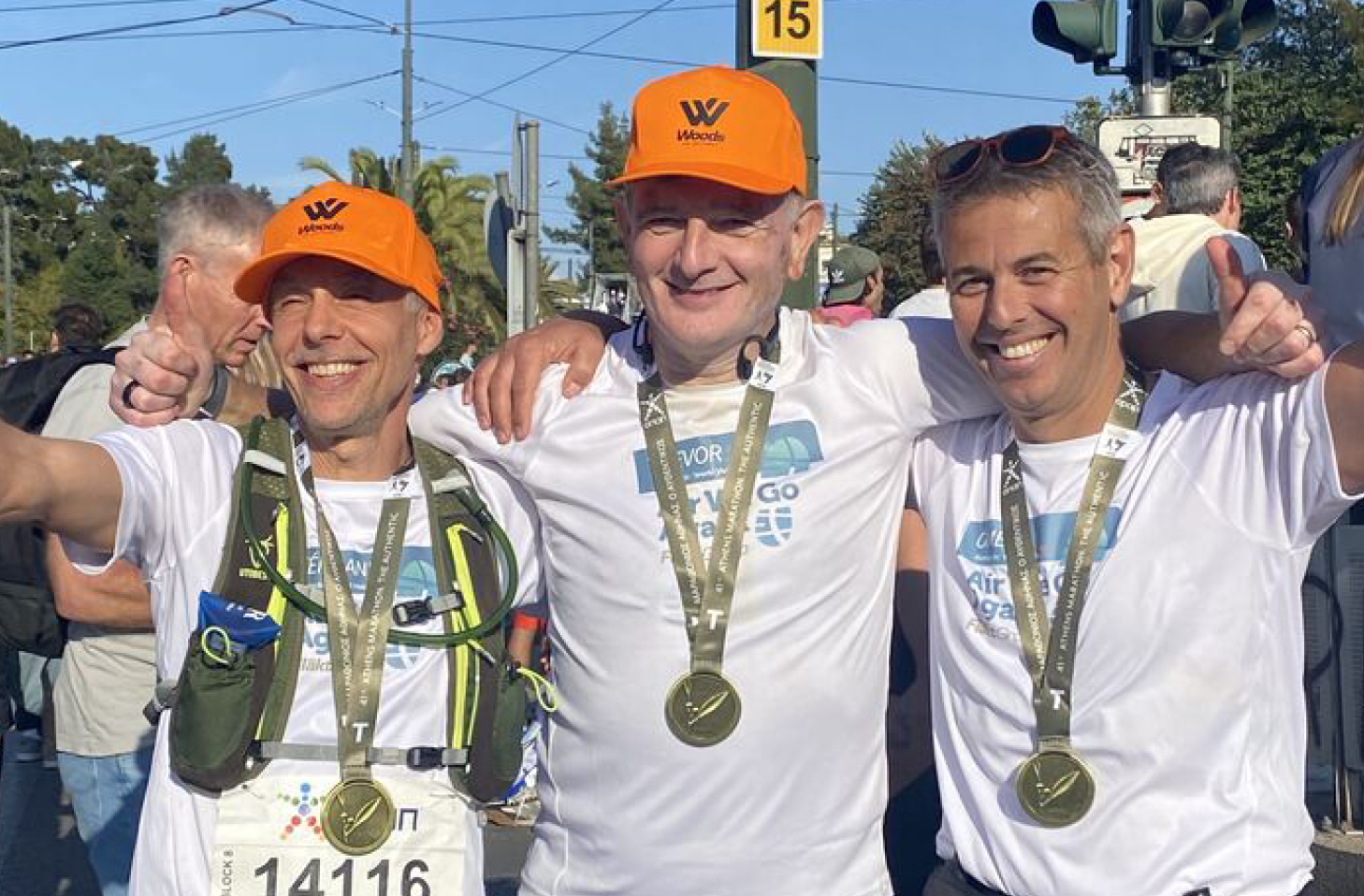 Stephane, Trevor and Sebastien proudly wearing their Athens Marathon Medals