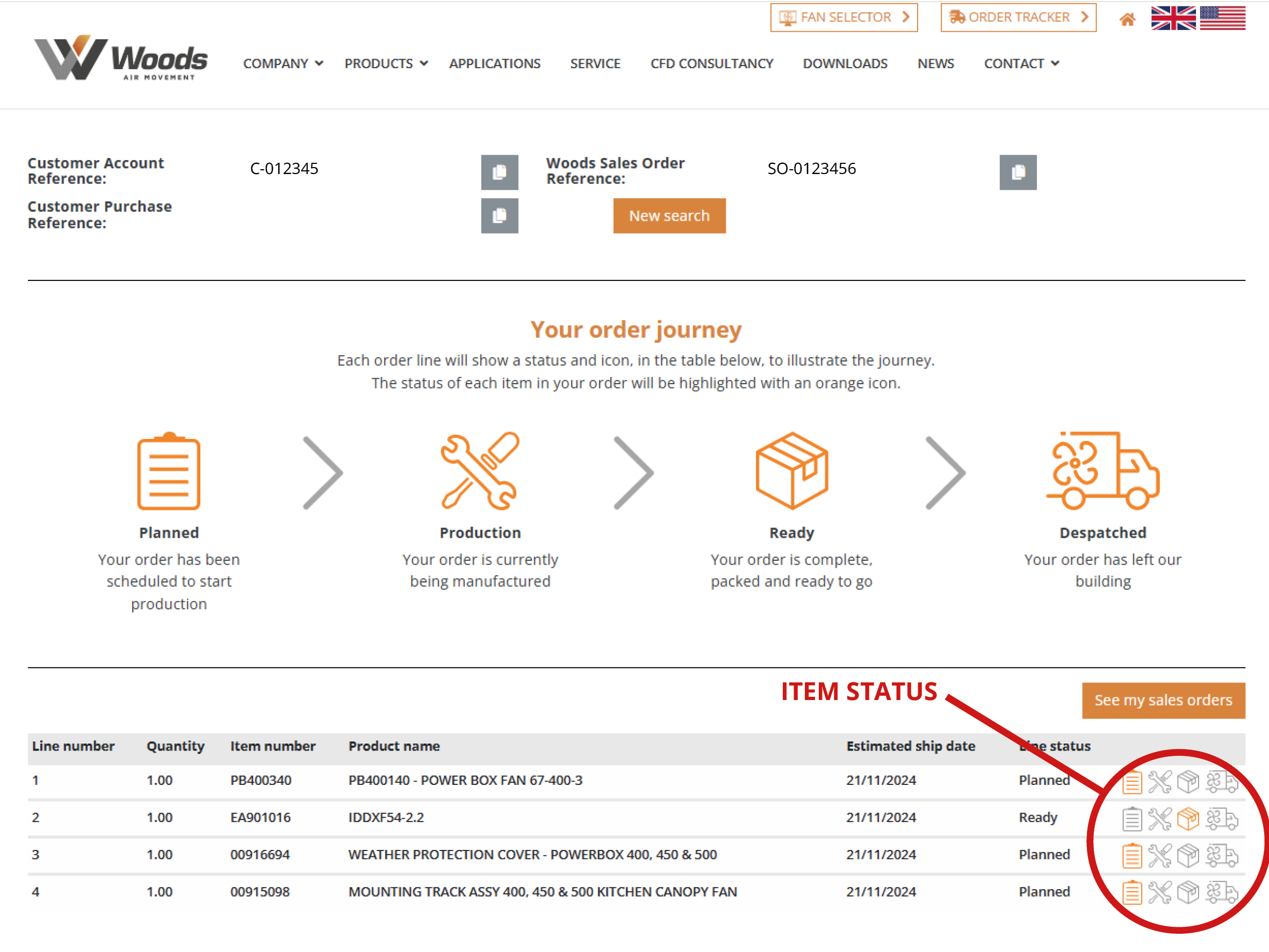 A screen shot of our Order Tracker page showing where to find the progress of each item in your order